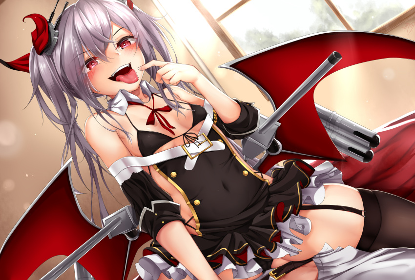 1boy 1girl absurdres aiguillette arm_up armband armpits ass azur_lane bangs bare_shoulders belt black_legwear black_panties blush breasts buckle day detached_sleeves dress eyebrows_visible_through_hair eyes_visible_through_hair fangs garter_straps hair_between_eyes hair_ornament hair_ribbon headgear heart heart-shaped_pupils highres indoors kana616 long_hair looking_at_viewer machinery moon mounting on_bed open_mouth panties pointing pointing_at_self red_eyes red_ribbon ribbon rigging sideboob silver_hair skindentation sleeves_folded_up small_breasts smile solo strap symbol-shaped_pupils thigh-highs thighs tongue tongue_out torpedo_tubes twintails under_boob underwear vampire_(azur_lane) window