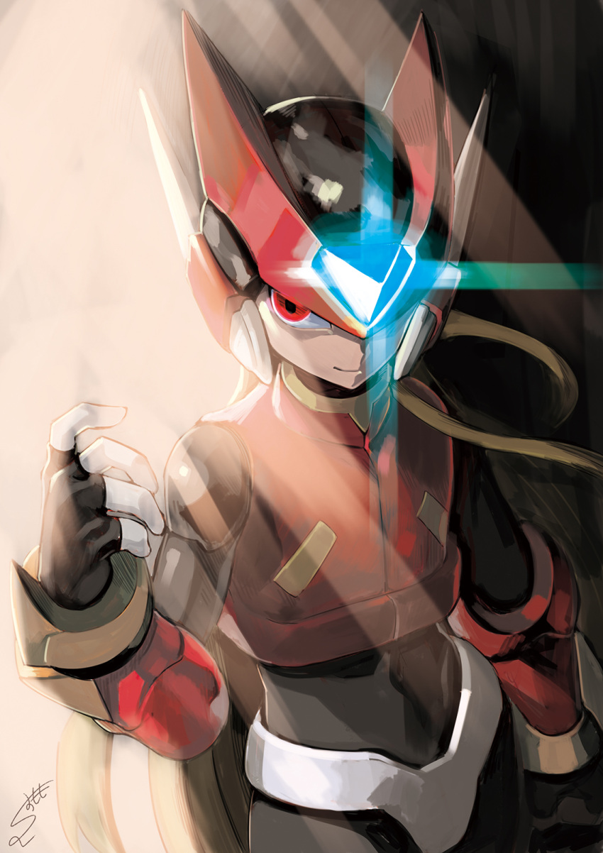 android bodysuit cowboy_shot dated fingerless_gloves forehead_jewel gloves glowing helmet highres light_rays long_hair male_focus omega_(rockman) red_eyes rockman rockman_zero signature smile solo sumomo zero_(rockman)