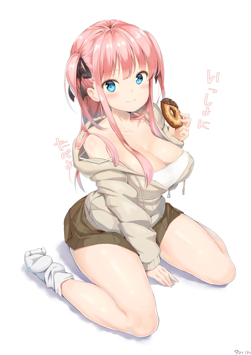 1girl aymusk blue_eyes breasts character_request cleavage copyright_request doughnut dress food highres large_breasts pink_hair simple_background socks thighs translated white_background