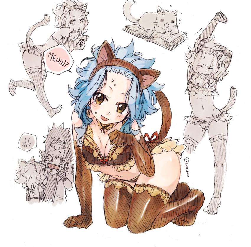 1boy 1girl animal_ears arm_up blue_hair book bra breasts brown_bra brown_eyes brown_gloves brown_hairband brown_legwear brown_panties cat cat_ears cat_tail choker cleavage elbow_gloves fairy_tail fake_animal_ears gajeel_redfox gloves groin headband kneeling levy_mcgarden long_hair medium_breasts navel open_book open_mouth panties paw_pose red_ribbon ribbon ribbon-trimmed_bra rusky simple_background sketch sweatdrop tail thigh-highs underwear underwear_only white_background