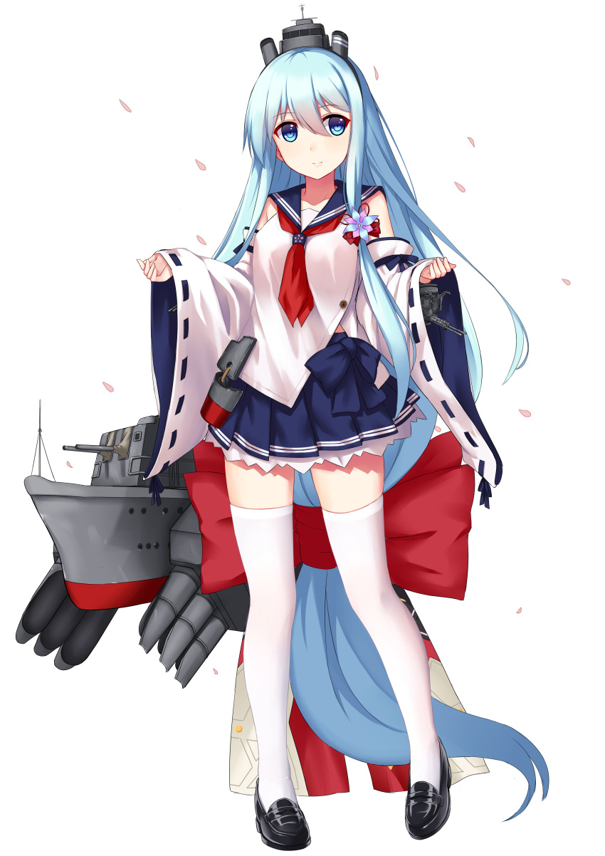 1girl absurdly_long_hair absurdres allenes black_footwear blue_bow blue_eyes blue_hair blue_ribbon blue_skirt bow cannon cherry_blossoms closed_mouth detached_sleeves dress flower full_body hair_between_eyes hair_flower hair_ornament headgear highres large_bow light_smile loafers long_hair looking_at_viewer low-tied_long_hair machinery miniskirt neckerchief official_art petals pleated_skirt red_bow remodel_(zhan_jian_shao_nyu) ribbon rigging sailor_collar sailor_dress shirayuki_(zhan_jian_shao_nyu) shirt shoes simple_background skirt smokestack solo standing thigh-highs torpedo turret very_long_hair white_background white_legwear white_shirt wide_sleeves zettai_ryouiki zhan_jian_shao_nyu
