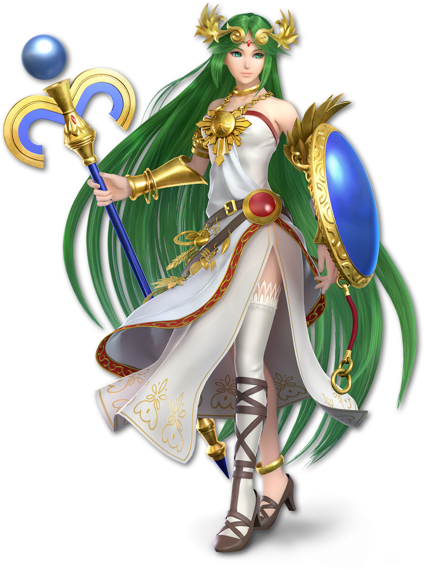 1girl 3d armpits bangs bare_shoulders belt collarbone dress green_eyes green_hair highres jewelry kid_icarus kid_icarus_uprising long_hair mismatched_footwear mismatched_legwear palutena parted_bangs shield solo staff strapless strapless_dress super_smash_bros. thigh-highs tiara very_long_hair white_legwear