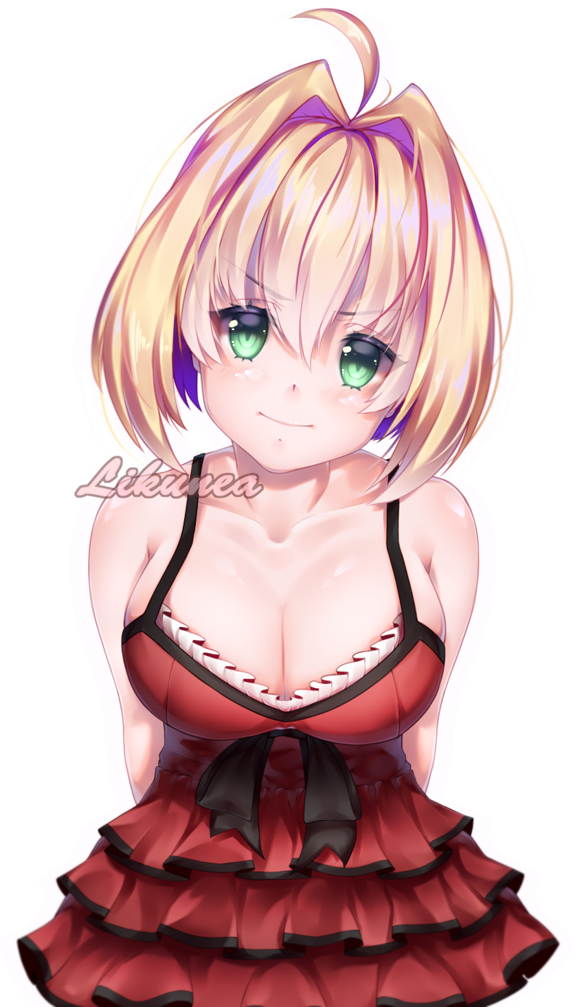1girl absurdres ahoge bad_source bare_shoulders blonde_hair breasts cleavage close-up closed_mouth collarbone dress eyebrows_visible_through_hair face fate/extra fate_(series) green_eyes hair_between_eyes hair_intakes highres large_breasts likunea looking_at_viewer nero_claudius_(fate) nero_claudius_(fate)_(all) parted_lips red_dress short_hair simple_background smile smiley_face solo upper_body white_background