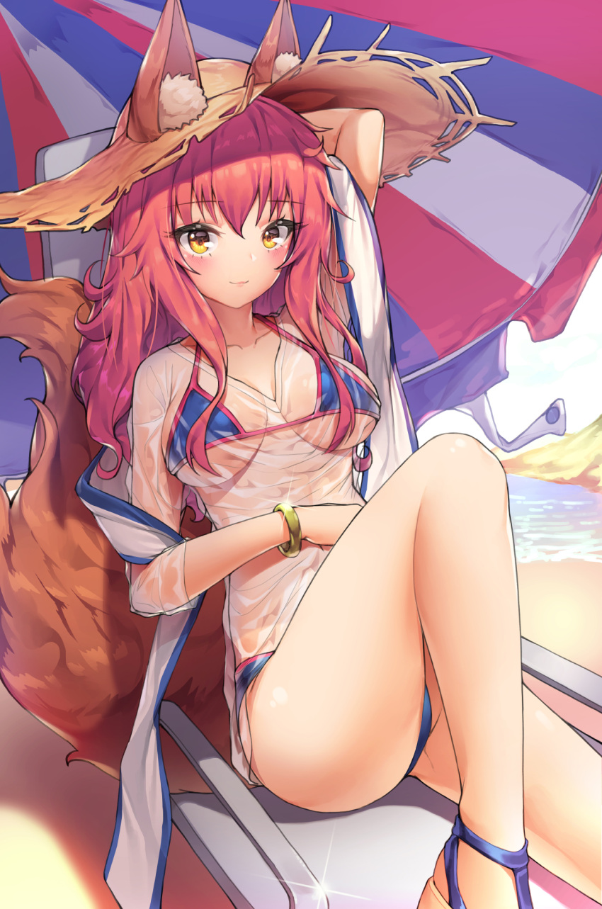 1girl animal_ears arm_up bangs beach_chair beach_umbrella bikini bracelet breasts brown_eyes closed_mouth collarbone commentary_request day eyebrows_visible_through_hair fate/grand_order fate_(series) fox_ears fox_tail hat highres jewelry lee_seok_ho lips long_hair looking_at_viewer medium_breasts outdoors pink_hair see-through shiny shiny_skin shirt sidelocks sitting solo straw_hat sun_hat swimsuit t-shirt tail tamamo_(fate)_(all) tamamo_no_mae_(fate) tamamo_no_mae_(swimsuit_lancer)_(fate) umbrella water