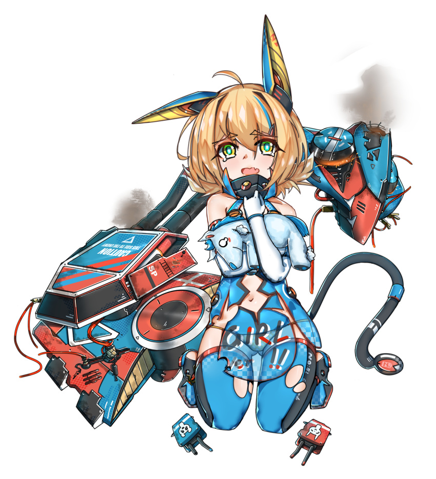 12cat 1girl ahoge animal_ears bare_shoulders black_legwear blonde_hair blue_dress cat_ears cat_tail clothes_writing colorado_(zhan_jian_shao_nyu) damaged detached_collar dress elbow_gloves eyebrows_visible_through_hair fang full_body gloves green_eyes hair_between_eyes hair_ornament hairclip highres looking_at_viewer mecha_musume mechanical_ears multicolored multicolored_eyes multicolored_hair navel object_hug open_mouth panties polka_dot polka_dot_panties see-through short_dress short_hair sitting solo streaked_hair stuffed_unicorn tail tears thigh-highs torn_clothes torn_dress torn_thighhighs two-tone_gloves underwear wariza white_background yellow_eyes yellow_panties zhan_jian_shao_nyu