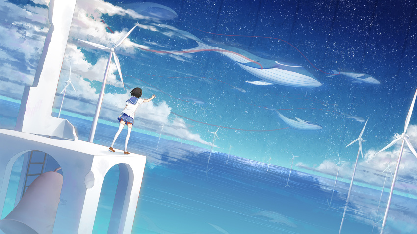 1girl bell bell_tower black_hair blue_sailor_collar blue_skirt church_bell clouds cloudy_sky commentary_request facing_away from_behind highres ji_dao_ji ladder looking_afar ocean original outdoors pleated_skirt reaching red_footwear ruins sailor_collar school_uniform serafuku shoes short_hair short_sleeves skirt sky solo star_(sky) starry_sky surreal thigh-highs walking whale white_legwear white_serafuku wind_turbine windmill zettai_ryouiki