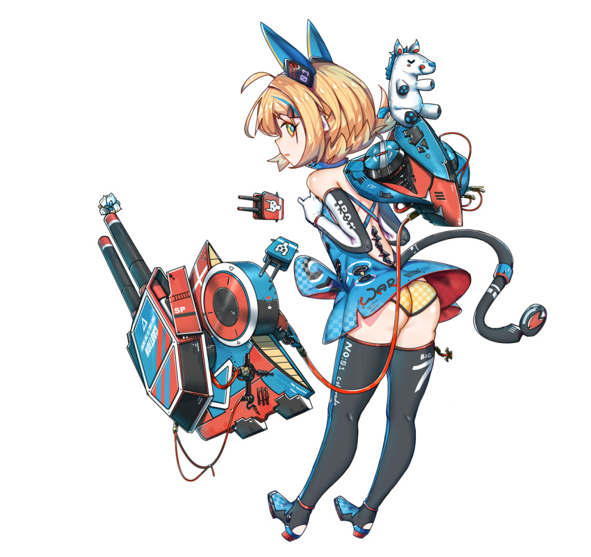 12cat 1girl ahoge animal_ears ass bare_shoulders black_legwear blonde_hair blue_dress cat_ears cat_tail clothes_writing colorado_(zhan_jian_shao_nyu) dress elbow_gloves full_body gloves hair_ornament hairclip looking_back mecha_musume mechanical_ears multicolored_hair panties pantyshot pantyshot_(standing) polka_dot polka_dot_panties short_dress short_hair skirt skirt_lift solo standing streaked_hair stuffed_unicorn tail two-tone_gloves underwear white_background wind wind_lift yellow_eyes yellow_panties zhan_jian_shao_nyu