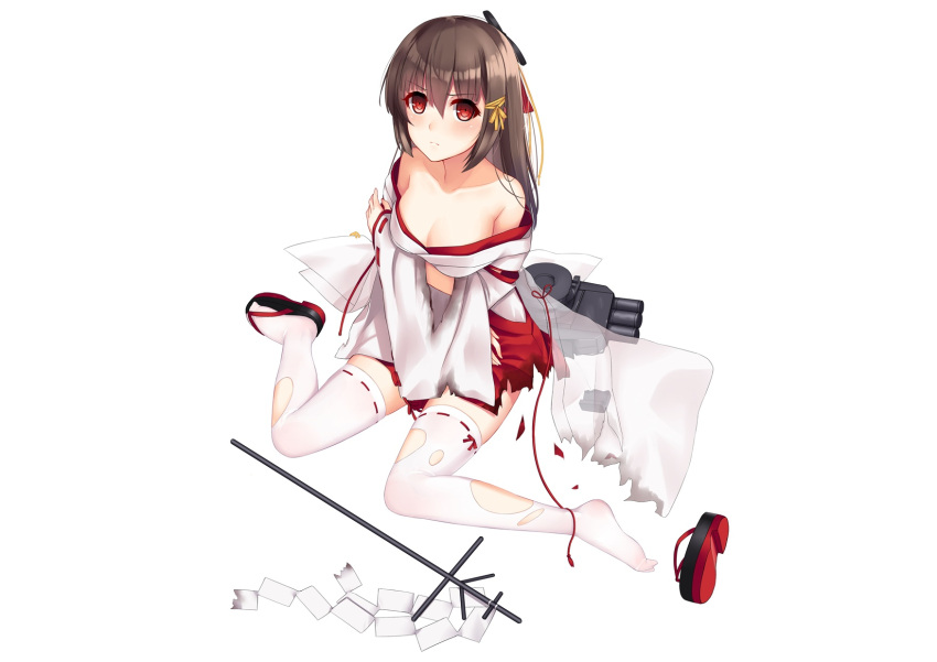 1girl allenes bare_shoulders blush breasts brown_hair cleavage closed_mouth collarbone eyebrows_visible_through_hair frown highres japanese_clothes long_hair looking_at_viewer medium_breasts miko official_art red_eyes red_skirt sandals shikinami_(zhan_jian_shao_nyu) simple_background sitting skirt solo thigh-highs torn_clothes torn_skirt torn_thighhighs white_background white_legwear zhan_jian_shao_nyu