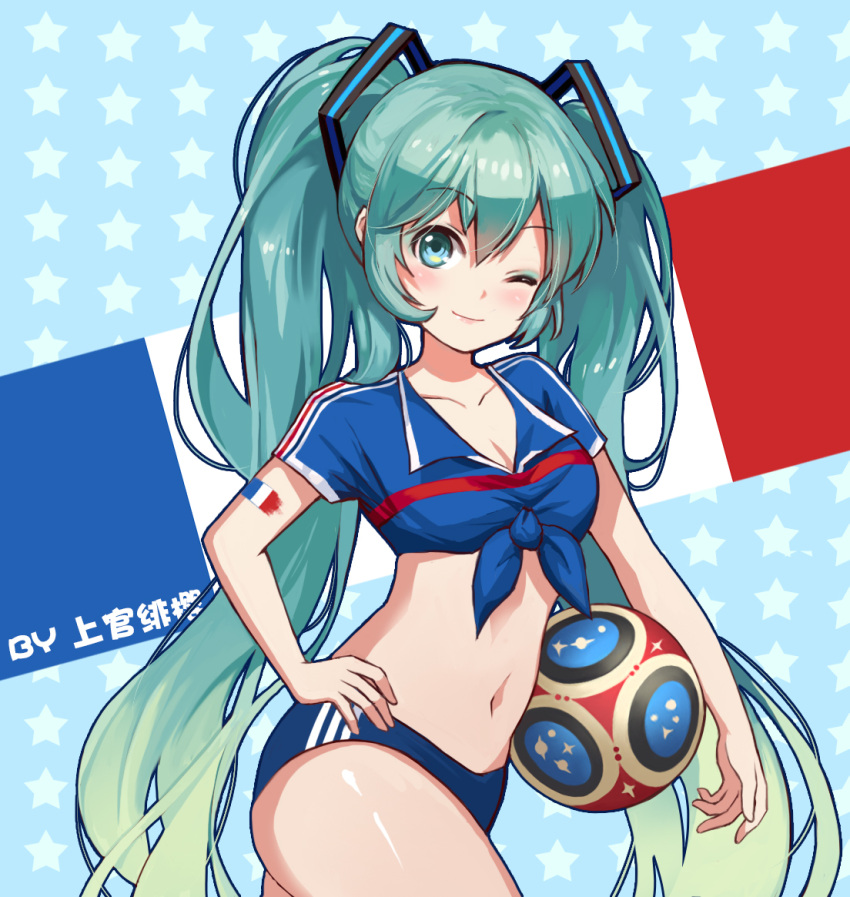 1girl ;) alternate_costume aqua_hair ball blue_background blue_eyes blue_shirt blush breasts chinese chinese_commentary cleavage collarbone commentary_request cowboy_shot eyebrows_visible_through_hair eyeshadow french_flag front-tie_top hair_between_eyes hair_ornament hatsune_miku head_tilt holding long_hair looking_at_viewer makeup medium_breasts midriff navel one_eye_closed pink_lips shangguan_feiying shirt smile soccer_ball solo standing star starry_background stomach tied_shirt translated twintails very_long_hair vocaloid world_cup