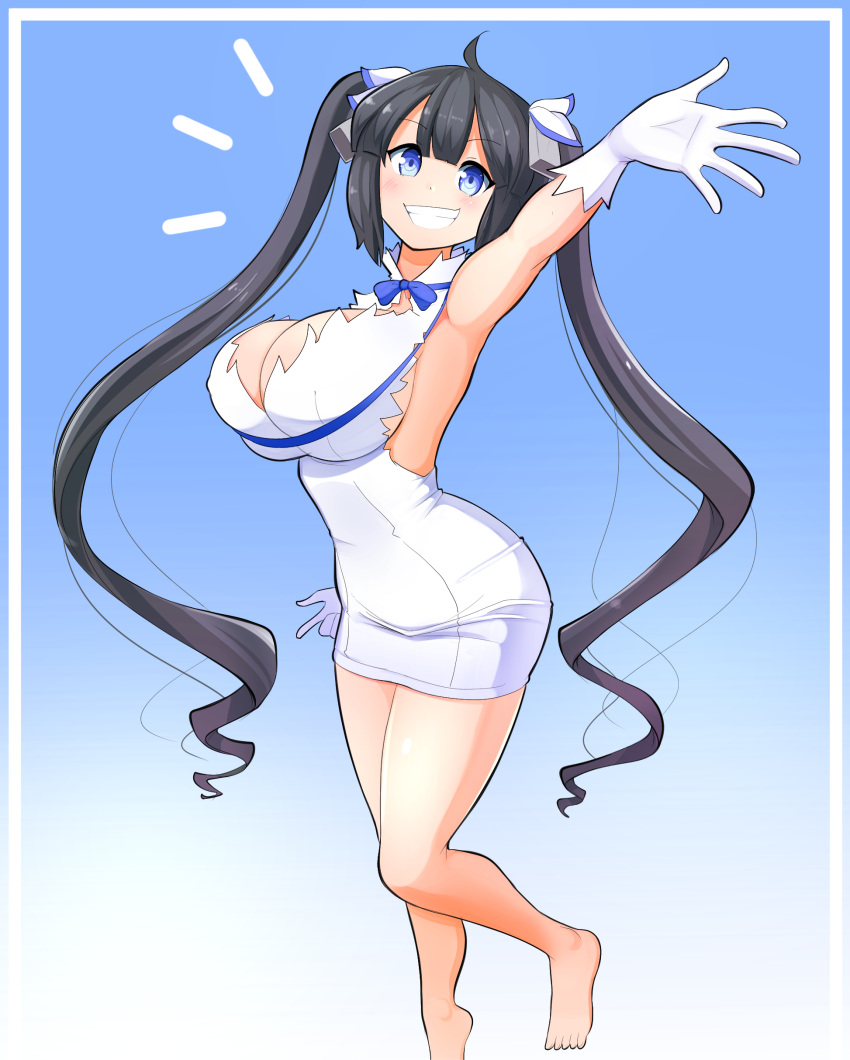 1girl absurdres barefoot black_hair blue_background blue_eyes blue_ribbon breasts cleavage commentary dungeon_ni_deai_wo_motomeru_no_wa_machigatteiru_darou_ka feet gloves gradient gradient_background grin hestia_(danmachi) highres hips large_breasts legs long_hair looking_at_viewer raised_eyebrows ribbon smile solo theycallhimcake thighs twintails very_long_hair white_background white_gloves