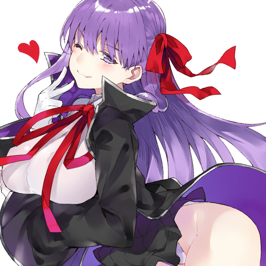 1girl bangs bb_(fate/extra_ccc) black_coat black_skirt blush breast_hold breasts closed_mouth eyebrows_visible_through_hair fate/extra fate/extra_ccc fate_(series) gloves hair_ribbon heart high-waist_skirt highres hips kou_mashiro large_breasts leotard licking_lips long_hair looking_at_viewer neck_ribbon one_eye_closed purple_hair red_ribbon ribbon simple_background skirt smile solo tongue tongue_out very_long_hair violet_eyes white_background white_gloves white_leotard wide_sleeves