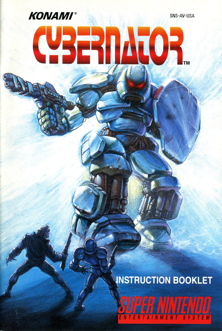 90s artist_request assault_suits_series assault_suits_valken auto-9 beam_rifle booklet cover crossover cyborg energy_gun fog game_console glowing glowing_eyes gun highres jacket konami logo mecha official_art oldschool parody red_eyes robocop robocop_(character) scan scared science_fiction shield shiny shotgun size_difference smoke sunglasses super_nintendo surprised t-800 terminator traditional_media valken weapon