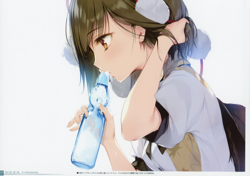1girl absurdres arm_up black_hair black_wings blush bottle drinking feathers from_side hand_in_hair highres holding holding_bottle huge_filesize ke-ta pom_pom_(clothes) profile puffy_short_sleeves puffy_sleeves ramune red_eyes scan shameimaru_aya shirt short_hair short_sleeves simple_background solo string sweat tassel touhou translation_request upper_body white_background white_shirt wing_collar wings