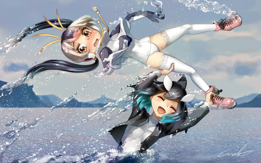 2girls black_hair blonde_hair blue_hair blush boots closed_eyes commentary_request eyebrows_visible_through_hair fang gradient_hair hood hoodie in_water jacket kemono_friends killer_whale_(kemono_friends)_(stylecase) leotard long_sleeves multicolored_hair multiple_girls nose_blush original penguin_tail pink_hair royal_penguin_(kemono_friends) short_hair smile splashing tail thigh-highs twintails water wavy_mouth welt_(kinsei_koutenkyoku)