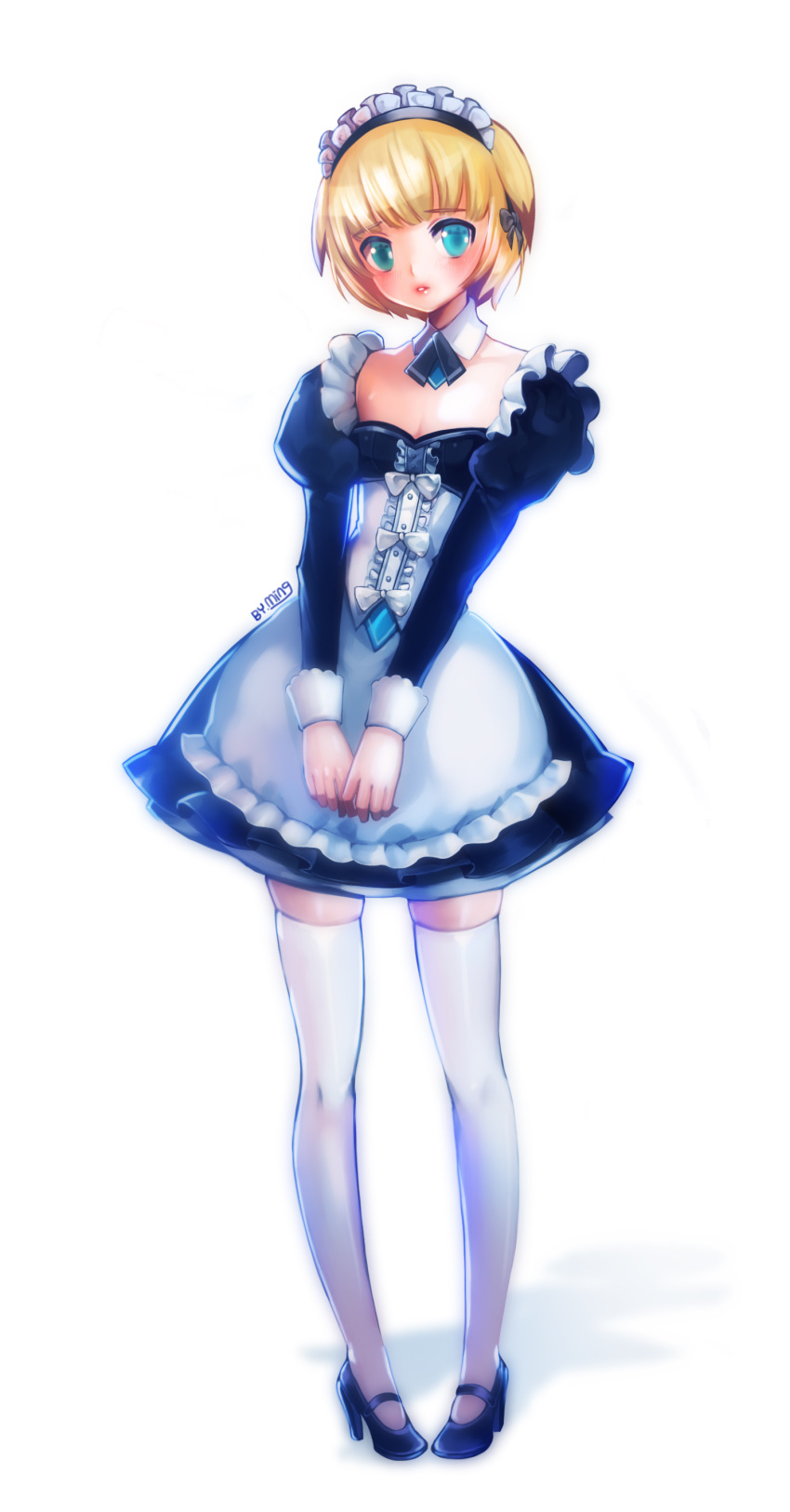 1boy absurdres apron black_dress black_footwear blonde_hair blue_eyes blush bow chung_seiker crossdressinging detached_collar dress elsword eyebrows_visible_through_hair frilled_apron frills full_body high_heels highres juliet_sleeves long_sleeves looking_at_viewer maid maid_headdress mary_janes ming_(wldi0132) open_mouth pigeon-toed puffy_sleeves shoes short_hair solo standing thigh-highs trap v_arms white_apron white_background white_bow white_legwear zettai_ryouiki