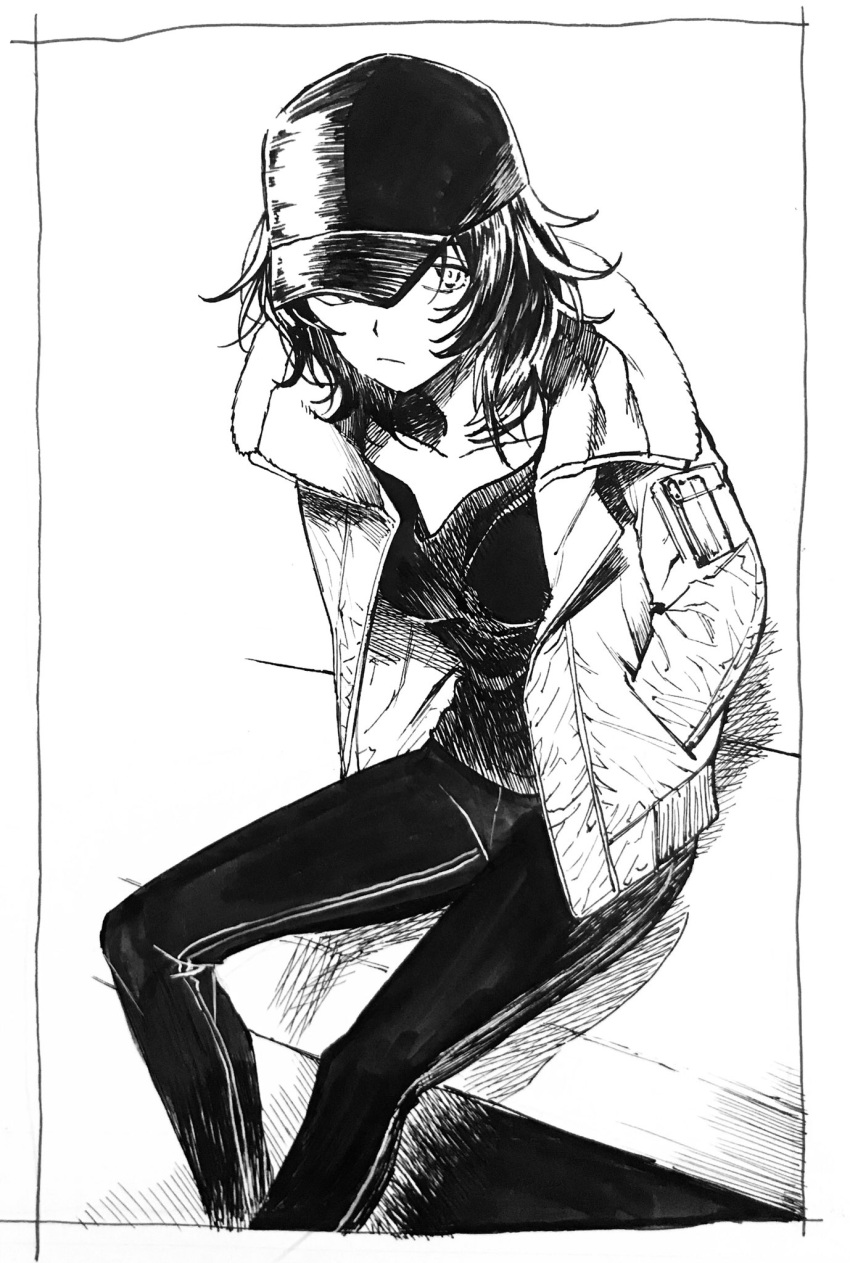 1girl andou_(girls_und_panzer) baseball_cap casual commentary double_vertical_stripe girls_und_panzer hands_in_pockets hat hat_over_one_eye highres jacket leaning_forward looking_at_viewer messy_hair monochrome open_clothes open_jacket shirt shutou_mq sitting solo