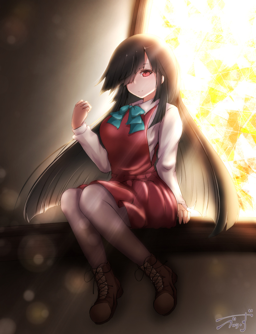 1girl baileys_(tranquillity650) black_hair boots bow bowtie breasts cross-laced_footwear dress grey_legwear hair_over_one_eye hair_ribbon halterneck hayashimo_(kantai_collection) highres hime_cut kantai_collection lace-up_boots large_breasts long_hair long_sleeves pantyhose red_eyes ribbon school_uniform shirt sitting sleeveless sleeveless_dress smile solo stained_glass sunlight table very_long_hair white_shirt window
