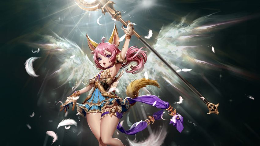 1girl animal_ears arm_up armpits artist_request blue_dress darkness detached_sleeves dog_ears dog_tail dress elin_(tera) feathers garters gloves highres holding legs light long_hair magic official_art open_mouth pink_hair short_dress solo staff tail tera_online thighs violet_eyes wallpaper weapon white_gloves wings