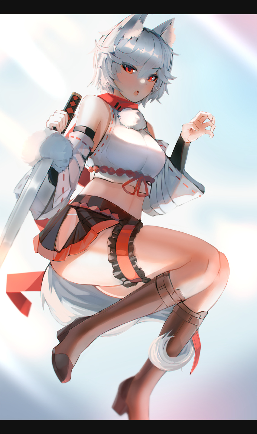 1girl animal_ears bare_shoulders black_skirt blush boots breasts brown_footwear crop_top detached_sleeves ehrrr eyebrows_visible_through_hair frills full_body hair_between_eyes high_heel_boots high_heels highres hip_vent inubashiri_momiji leg_garter looking_at_viewer midriff miniskirt open_mouth panties red_eyes ribbon-trimmed_sleeves ribbon_trim shirt short_hair silver_hair skirt sleeveless sleeveless_shirt solo string_panties sword tail touhou underwear weapon white_panties white_shirt wolf_ears wolf_tail