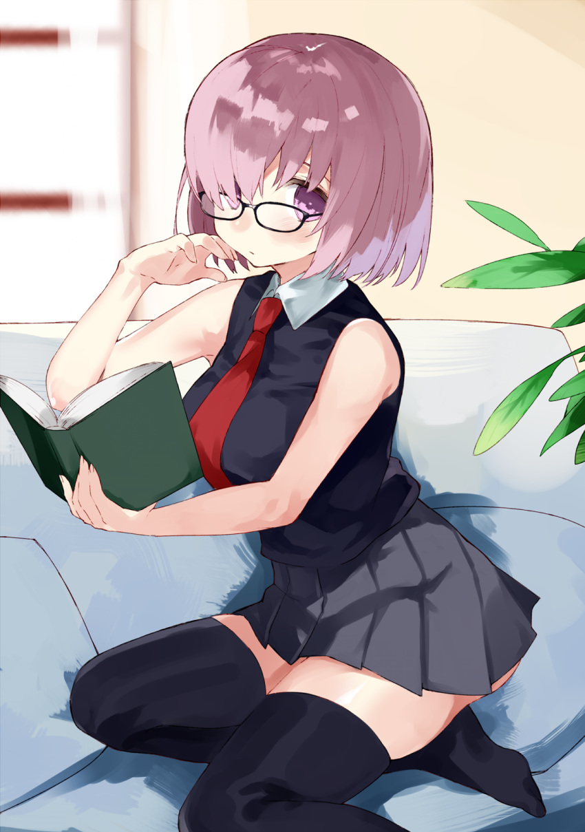 1girl bare_arms bare_shoulders black-framed_eyewear black_legwear black_shirt blurry blurry_background book closed_mouth collared_shirt commentary_request depth_of_field fate/grand_order fate_(series) glasses grey_skirt hair_over_one_eye hand_up hasegawa_(rarairairai) highres holding holding_book looking_at_viewer mash_kyrielight necktie one_eye_covered open_book pink_hair pleated_skirt red_neckwear shirt sitting skirt sleeveless sleeveless_shirt solo thigh-highs violet_eyes window wing_collar