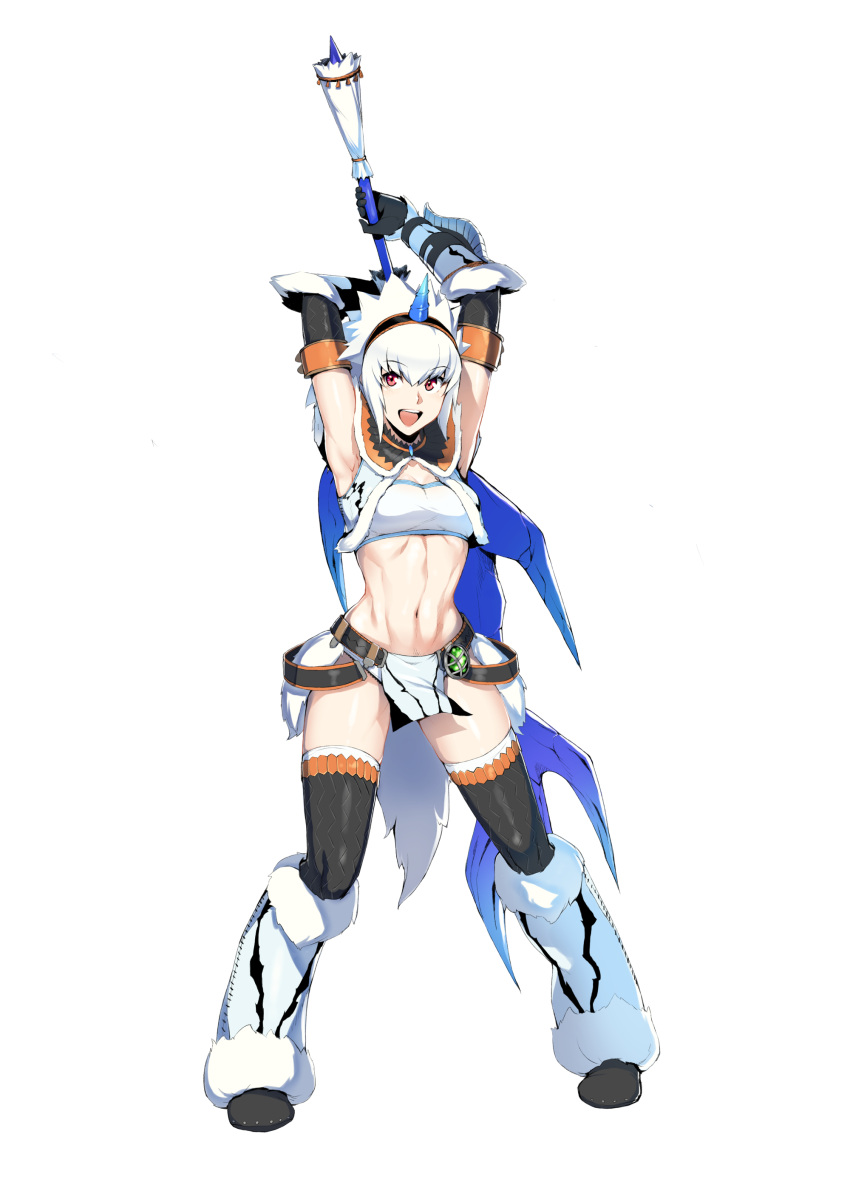 1girl absurdres armpits arms_up bangs belt black_legwear boots breasts commentary_request elbow_gloves eyebrows_visible_through_hair full_body fur_trim gloves hair_ornament hairband highres holding holding_sword holding_weapon horn_ornament huge_weapon kirin_(armor) medium_breasts medium_hair midriff monster_hunter monster_hunter:_world navel open_mouth pelvic_curtain purinnssu red_eyes simple_background sleeveless smile solo standing strapless sword thigh-highs tubetop weapon white_background white_hair