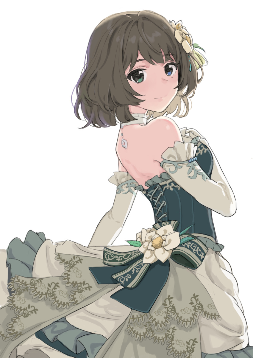 1girl absurdres back bangs bare_shoulders blue_eyes bow breasts brown_hair choker commentary cross-laced_clothes dress elbow_gloves eyebrows_visible_through_hair ezusa flower gloves green_bow green_dress green_eyes hair_flower hair_ornament hand_on_own_chest heterochromia highres idolmaster idolmaster_cinderella_girls idolmaster_cinderella_girls_starlight_stage looking_back medium_breasts mole mole_under_eye sash short_hair simple_background smile solo swept_bangs takagaki_kaede white_background white_gloves