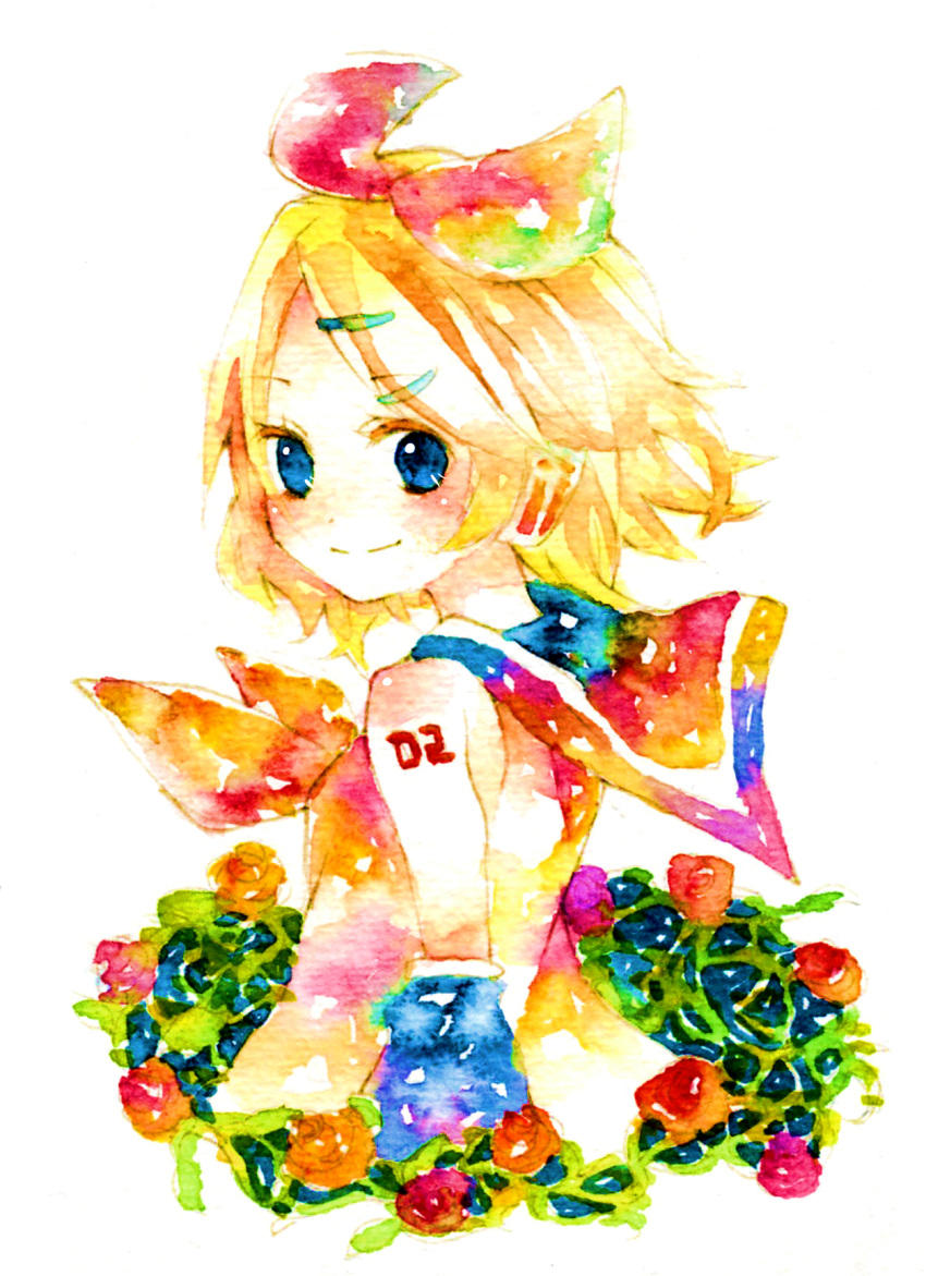 flower highres kagamine_rin lego_(artist) legomaru traditional_media vocaloid watercolor watercolor_(medium)