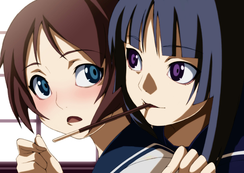 bangs blue_eyes blue_hair blunt_bangs blush brown_hair face ga-rei ga-rei_zero hime_cut isayama_yomi mouth_hold multiple_girls open_mouth pocky purple_eyes school_uniform tasaka_shinnosuke tsuchimiya_kagura violet_eyes yuri