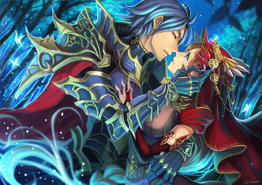 1boy 1girl armor blue_hair bridal_gauntlets brown_hair butterfly cape couple dutch_angle elbow_gloves gloves green_eyes highres incipient_kiss jewelry jizero night original signature star tears tree yellow_eyes