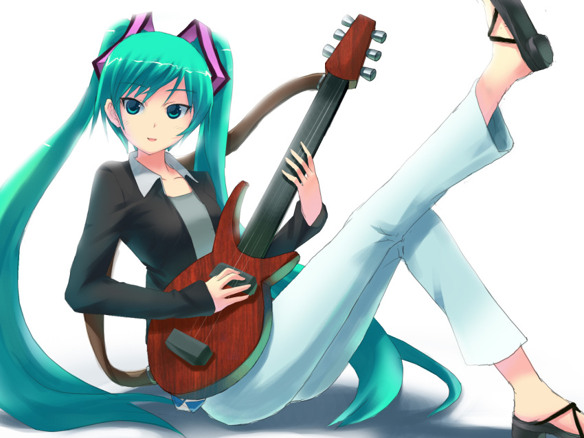 aqua_hair capri_pants capris guitar hair_ribbon hatsune_miku highres instrument long_hair ribbon sandals tuanzi twintails vocaloid