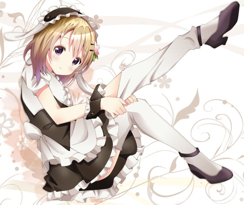 1girl angora_rabbit blonde_hair commentary_request gochuumon_wa_usagi_desu_ka? hair_ornament hoto_cocoa kohakugin rabbit rabbit_house_uniform short_hair smile solo thigh-highs thighhighs_pull violet_eyes white_legwear x_hair_ornament