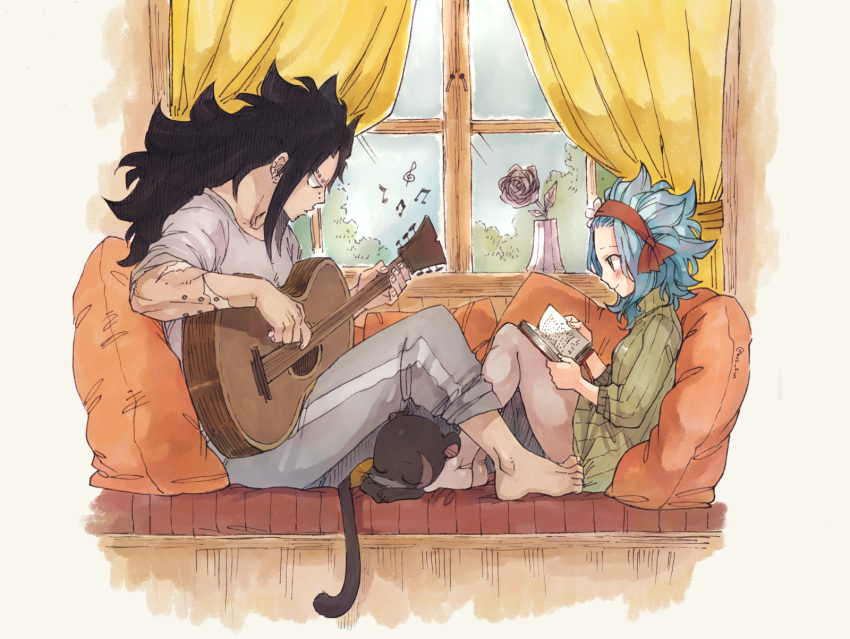 1boy 1girl barefoot black_hair blue_hair blush book brown_eyes couch fairy_tail flower from_side gajeel_redfox grey_flower grey_pants grey_rose grey_shirt guitar hair_flower hair_ornament headband highres holding holding_instrument indoors instrument levy_mcgarden long_hair lying music musical_note on_stomach open_book pantherlily pants pillow playing_instrument reading ribbed_sweater rose rusky scar shirt sitting sleeping smile sweater white_flower window