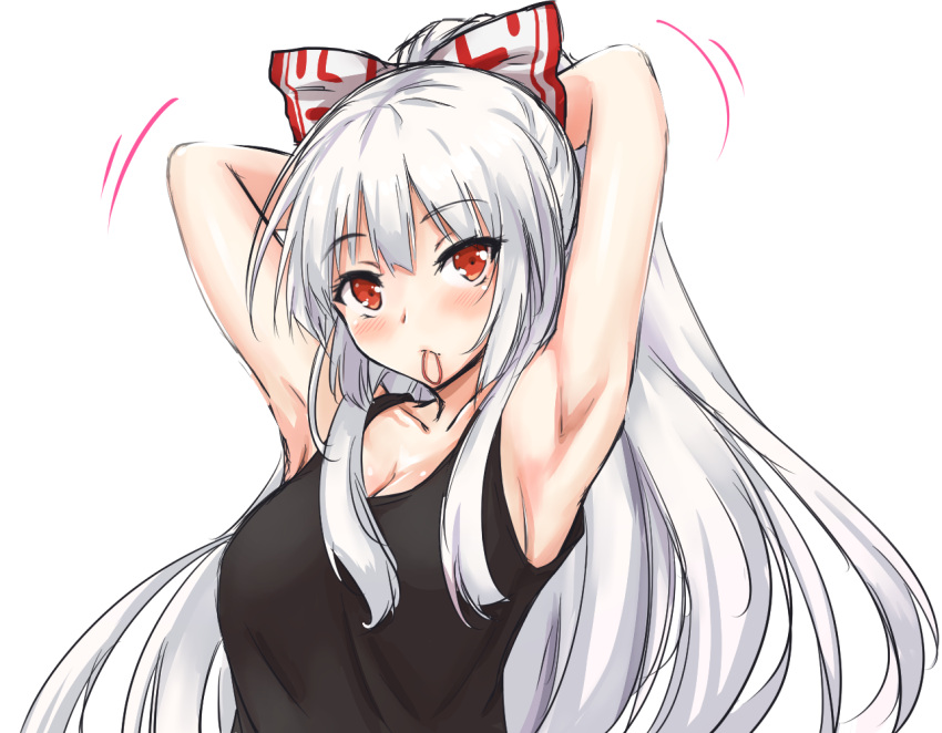 1girl amagi_(amagi626) armpits arms_up bare_arms black_tank_top blush bow breasts cleavage collarbone commentary_request eyebrows_visible_through_hair fujiwara_no_mokou hair_bow head_tilt large_breasts long_hair long_ponytail looking_at_viewer motion_lines mouth_hold ponytail red_eyes sideboob silver_hair simple_background solo tank_top touhou tying_hair upper_body white_background white_bow