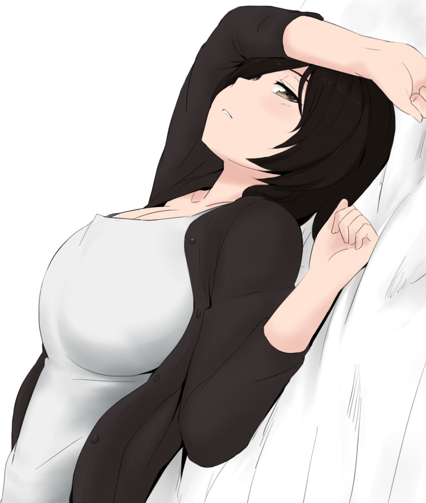 1girl black_hair breasts cleavage grey_eyes highres large_breasts lying nao_(ritsancrossover) on_back original pai-chan_(nao) shirt short_hair unbuttoned unbuttoned_shirt white_shirt