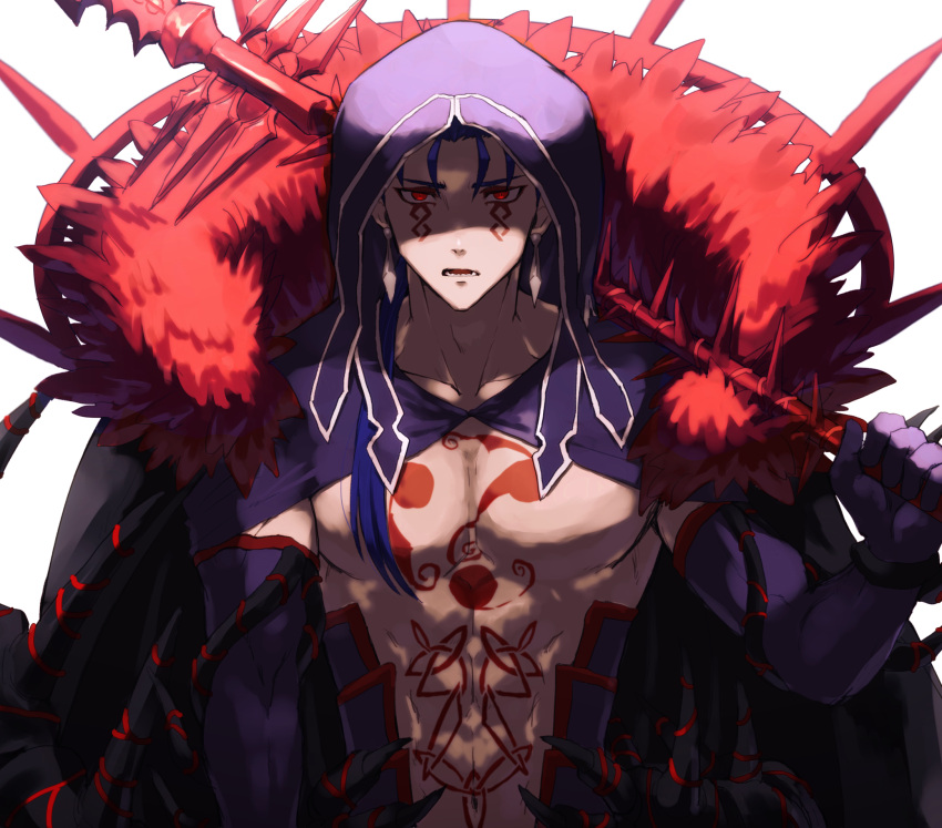 1boy blue_hair cu_chulainn_(fate) cu_chulainn_alter_(fate) cu_chulainn_alter_(third_ascension)_(fate) earrings elbow_gloves facepaint facial_mark fate/grand_order fate/stay_night fate_(series) gae_bolg_(fate) gloves highres holding holding_weapon hood hood_up jewelry kometubu0712 long_hair looking_at_viewer male_focus pectorals polearm ponytail red_eyes solo spikes tattoo weapon