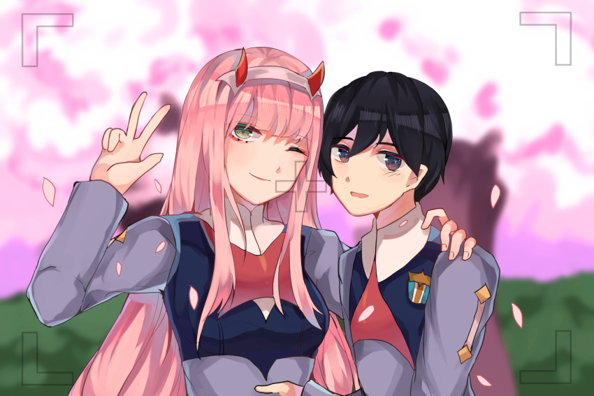 1boy 1girl bai_li_ji_yun bangs black_hair blue_eyes breasts cherry_blossoms commentary_request couple darling_in_the_franxx fringe green_eyes hair_ornament hairband hand_on_another's_shoulder hand_on_another's_stomach hetero highres hiro_(darling_in_the_franxx) horns long_hair long_sleeves looking_at_viewer medium_breasts military military_uniform necktie one_eye_closed oni_horns petals pink_hair red_horns red_neckwear short_hair tree uniform v white_hairband zero_two_(darling_in_the_franxx)