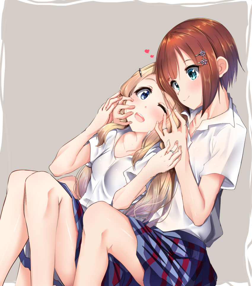 2girls ;d aqua_eyes ayase_arisa between_legs blonde_hair blue_eyes brown_hair collared_shirt commentary_request cross_eyed grey_background hair_ornament hairpin hand_on_another's_hand hands_on_another's_face heart highres jewelry kousaka_yukiho long_hair love_live! love_live!_school_idol_project mad_(hazukiken) miniskirt multiple_girls one_eye_closed open_mouth plaid plaid_skirt ring round_teeth shirt short_hair short_sleeves sitting skirt smile teeth upper_teeth white_shirt yuri