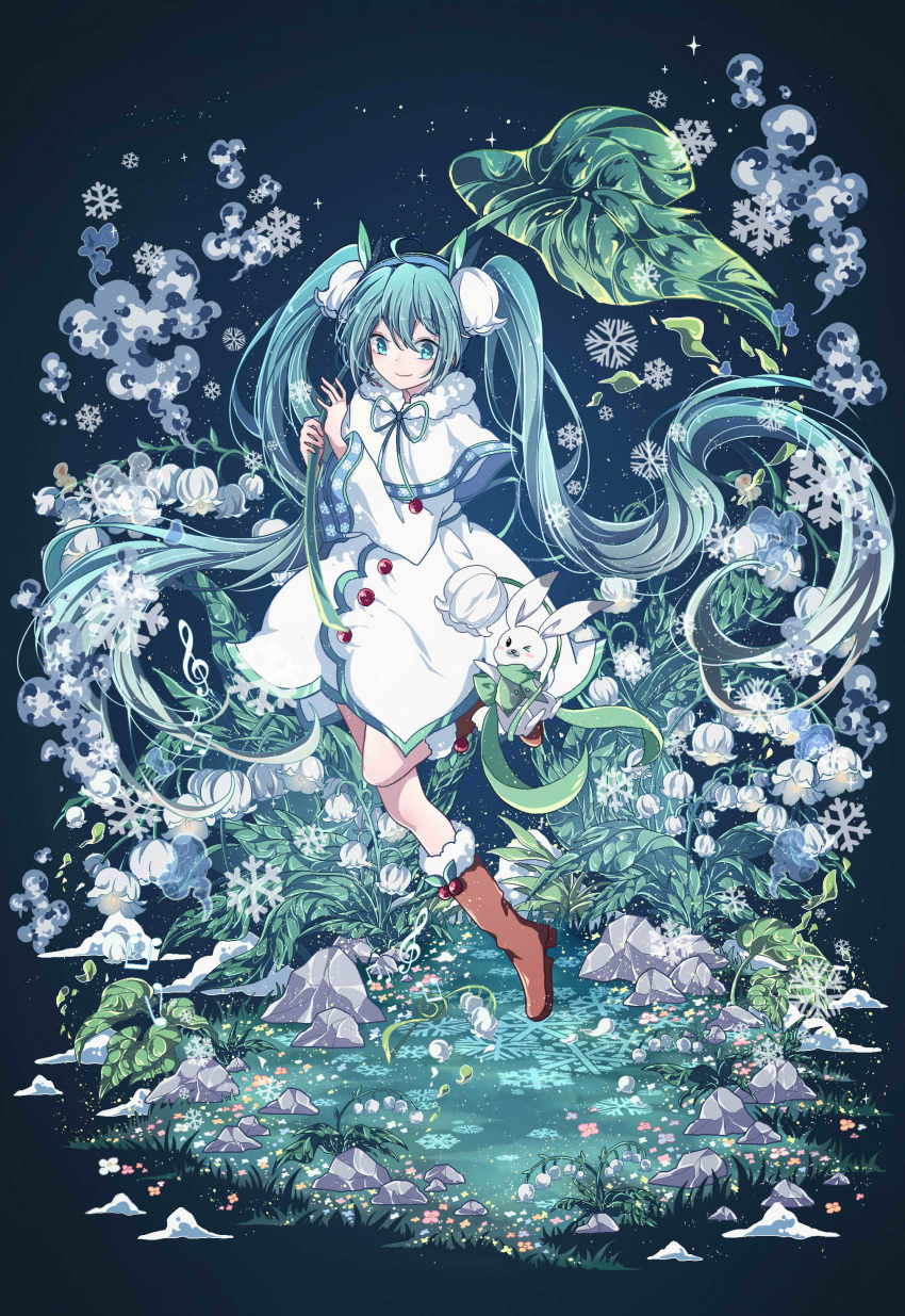 absurdly_long_hair absurdres azure-aoi- beamed_eighth_notes blue_eyes brown_footwear dress eighth_note flower full_body fur_trim g_clef hatsune_miku highres holding holding_leaf leaf long_hair looking_at_viewer midair musical_note rabbit rock smile snowbell_(flower) snowflakes very_long_hair vocaloid white_dress yukine_(vocaloid)
