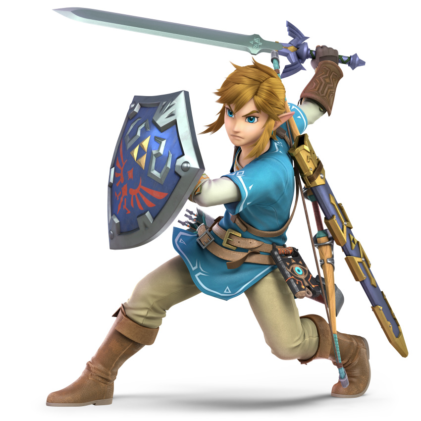 1boy 3d absurdres blonde_hair blue_eyes earrings gloves highres holding holding_sword holding_weapon huge_filesize jewelry link male_focus master_sword official_art pointy_ears shield solo super_smash_bros. super_smash_bros_ultimate sword the_legend_of_zelda the_legend_of_zelda:_breath_of_the_wild triforce tunic weapon