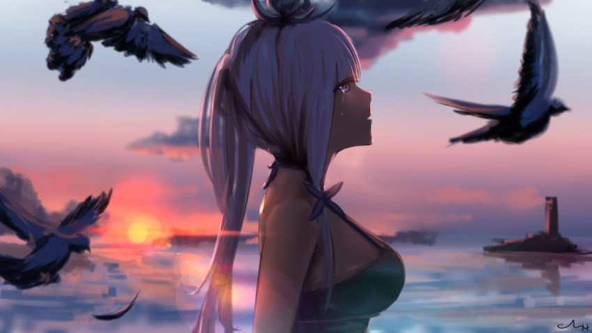 1girl alternate_costume azur_lane bangs bare_shoulders bird black_dress blue_eyes breasts chyt crying crying_with_eyes_open dress evening feathers from_side hair_ornament hair_ribbon highres illustrious_(azur_lane) large_breasts long_hair low_twintails ocean open_mouth ribbon sidelocks signature solo sunset tears tress_ribbon twintails