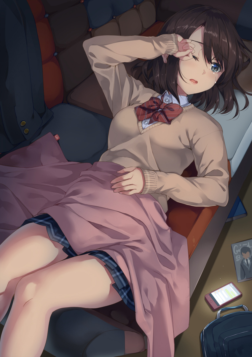 1girl bow bowtie brown_eyes brown_hair brown_sweater cellphone commentary crying crying_with_eyes_open dress_shirt highres indoors lying miniskirt on_back one_eye_closed open_mouth original phone pleated_skirt red_bow red_neckwear shirt short_hair skirt smartphone solo sweater tears thighs unasaka_ryou white_shirt
