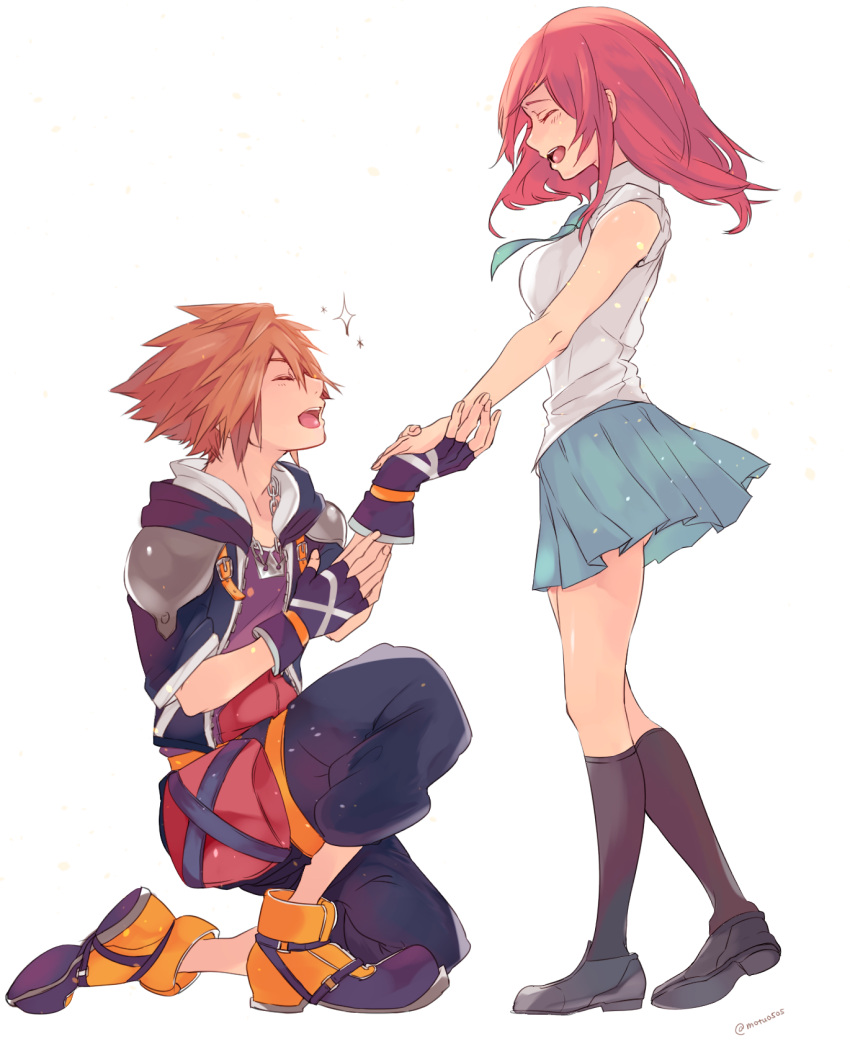 1boy 1girl :d bare_arms bare_shoulders black_footwear black_gloves black_legwear blue_neckwear blue_skirt breasts brown_hair chain_necklace closed_eyes fingerless_gloves full_body gloves hand_holding highres jewelry kairi_(kingdom_hearts) kingdom_hearts kingdom_hearts_ii kneehighs medium_breasts medium_hair miniskirt motu0505 necklace necktie one_knee open_clothes open_mouth pleated_skirt redhead school_uniform shirt shoes short_hair shoulder_pads sideways_mouth simple_background skirt sleeveless sleeveless_shirt smile sora_(kingdom_hearts) sparkle standing teeth twitter_username unzipped white_background white_shirt