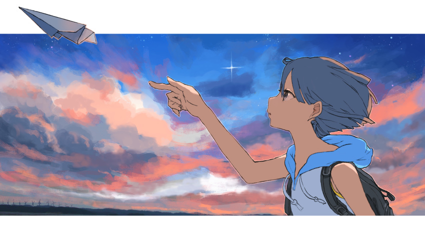 1girl :o backpack bag bare_arms bare_shoulders blue_sky clouds cloudy_sky commentary_request from_side grey_eyes highres hood hood_down hoodie original outdoors paper_airplane parted_lips profile scenery sky sleeveless sleeveless_hoodie solo takaichi_(tkch) upper_body
