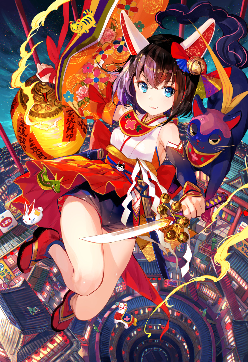 1girl :3 absurdres animal_ears architecture bangs bell black_shorts blue_eyes blush brown_hair cat clouds eyebrows_visible_through_hair floral_print fuji_choko highres holding holding_sword holding_weapon huge_filesize looking_at_viewer night open_mouth original red_ribbon ribbon shorts sky sleeveless solo stairs sword torii weapon