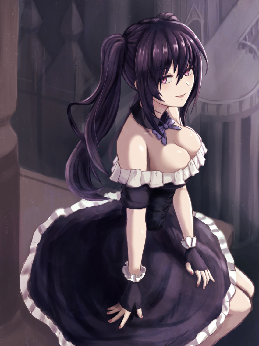 1girl :d bangs black_dress black_gloves black_hair bow bowtie breasts choker cleavage dress eyebrows_visible_through_hair fingerless_gloves frilled_dress frills gloves hair_between_eyes highres long_hair medium_breasts moppo nail_polish open_mouth original purple_bow purple_neckwear red_eyes red_nails scar sitting smile solo twintails