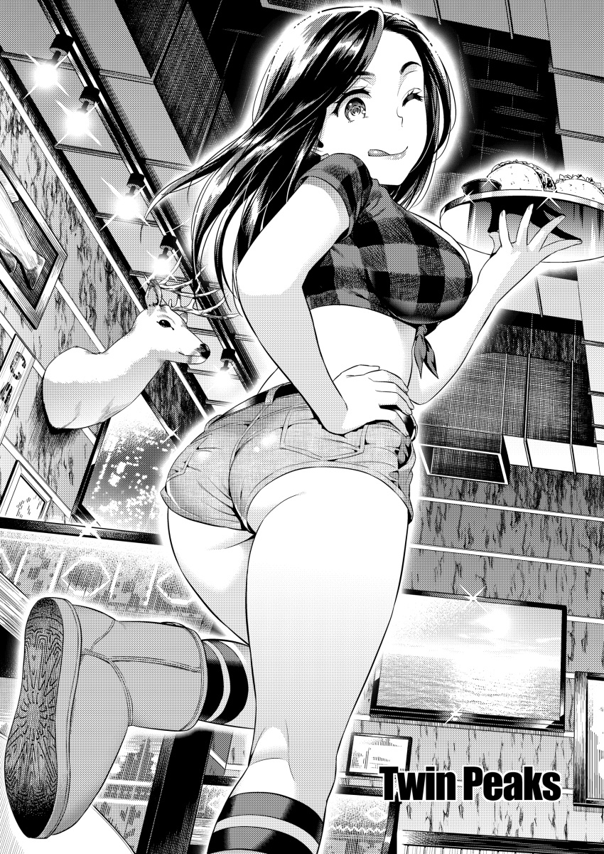 1girl ;p absurdres bangs belt boots breasts crop_top english eyelashes hand_on_hip highres holding holding_plate kneehighs large_breasts leg_up long_hair looking_at_viewer monochrome one_eye_closed one_leg_raised original picture_(object) plate short_shorts short_sleeves shorts smile solo standing standing_on_one_leg sugaishi taco television tongue tongue_out