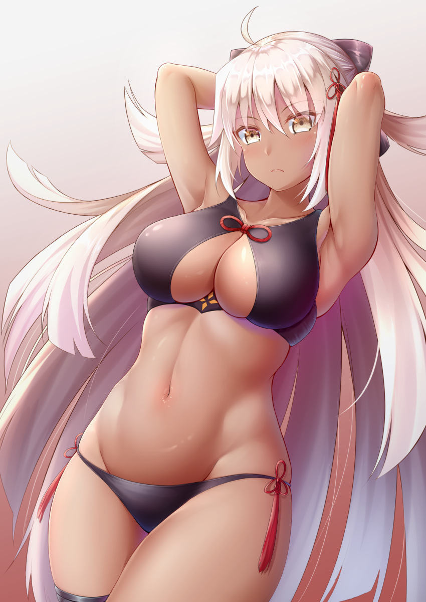 1girl ahoge armpits arms_up bare_shoulders bikini black_bikini black_bow bow breasts cleavage cleavage_cutout dark_skin fate/grand_order fate_(series) gradient gradient_background hair_between_eyes hair_bow hair_ornament highres long_hair looking_at_viewer medium_breasts navel okita_souji_(fate) okita_souji_alter_(fate) portrait solo swimsuit white_hair yellow_eyes zuizhong