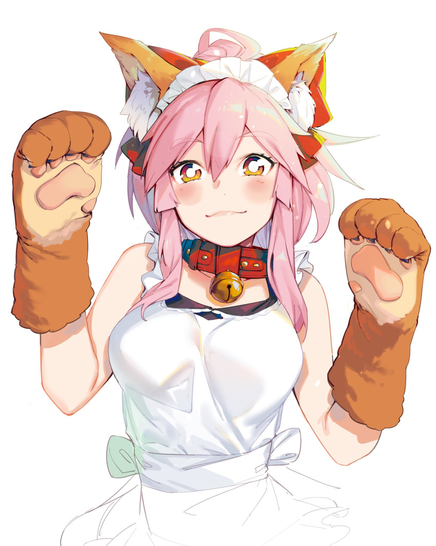 1girl animal_ears apron bell bell_collar blush collar fate/grand_order fate_(series) fox_ears gloves highres looking_at_viewer menea orange_eyes paw_gloves paws pink_hair smile solo tamamo_(fate)_(all) tamamo_cat_(fate) upper_body white_background white_pupils
