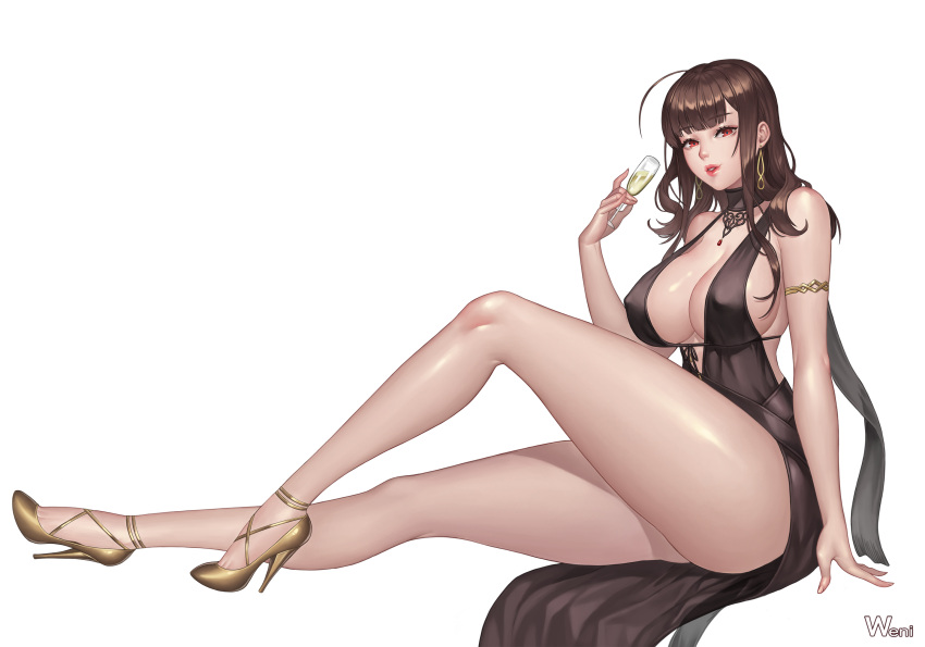 1girl ahoge alcohol armlet artist_name bangs bare_shoulders black_dress black_ribbon blunt_bangs breasts brown_hair center_opening champagne champagne_flute cup dress drinking_glass dsr-50_(girls_frontline) earrings erect_nipples eyebrows_visible_through_hair gem girls_frontline gold_footwear high_heels highres invisible_chair jewelry karmiel large_breasts legs lips long_hair long_legs looking_at_viewer no_bra parted_lips red_eyes red_lips ribbon shoes sideboob sitting solo strap_gap thick_thighs thighs underbust very_long_hair yellow_footwear