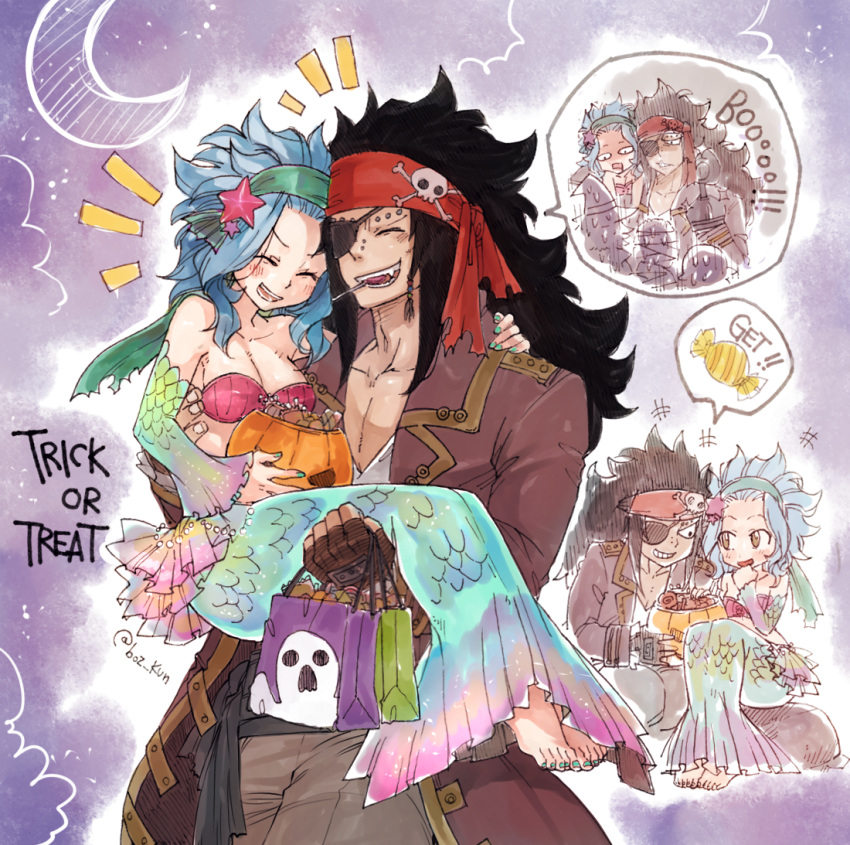 1boy 1girl :d aqua_nails blue_hair breasts brown_gloves candy carrying cleavage closed_eyes cold collarbone couple detached_sleeves eyepatch fairy_tail fingerless_gloves food gajeel_redfox gloves grin halloween halloween_costume headband levy_mcgarden long_hair long_skirt medium_breasts mermaid_costume nail_polish open_mouth pirate_costume princess_carry red_bikini_top rusky sitting skirt smile squatting starfish_hair_ornament striped_bikini_top toenail_polish trick_or_treat